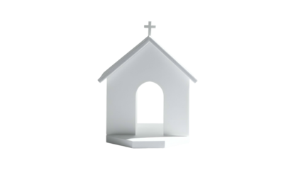 White minimalist chapel model, cross atop roof, arched opening, small platform