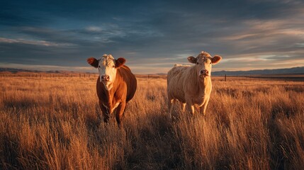 Two majestic cows stand in a sun-drenched golden field under a dramatic sky at sunset