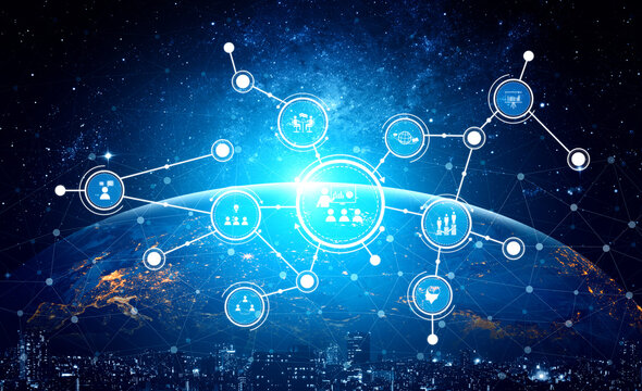 This illustration depicts a futuristic global network with bright, connecting nodes over a view of Earth, showcasing technology and communication in a cosmic setting. Tessel - Powered by Adobe