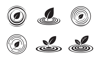 Green leaf growth icons with water ripple effect for environmental impact and nature conservation