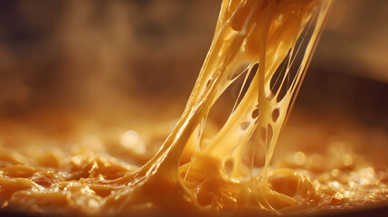 An appetizing close-up illustration of hot, gooey melted cheese stretching from a dish, featuring steam rising and a golden-brown texture.