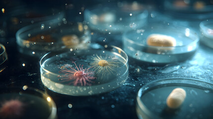 A cinematic macro illustration of multiple glass petri dishes containing colorful microbial cultures and fuzzy bacterial growth, illuminated by moody blue laboratory lighting with floating particles.