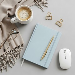 coffee cup and notebook with pen on gray surface