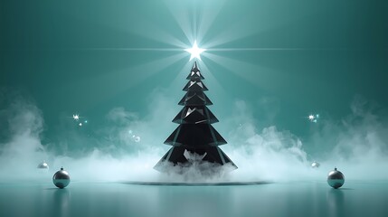 Surreal Geometric Christmas Tree with Glowing Star and Floating Ornaments on Teal Cloud Background