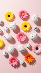 Colorful Daisies and Speckled Eggs on Pink Background