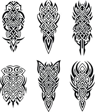 Collection of tribal celtic knot tattoo designs featuring intricate patterns and sharp symmetrical shapes for vector illustration and creative graphic element projects.