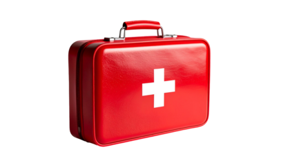 A vibrant red, shiny case with a white cross emblem, isolated against a black backdrop