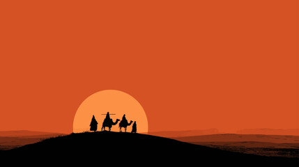 Naklejka premium Minimalist desert caravan silhouettes at sunset illustrating spiritual journey, leadership, exploration, and timeless travel inspiration with copy space