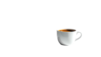 A white ceramic coffee cup, filled with dark liquid, sits against a solid black backdrop