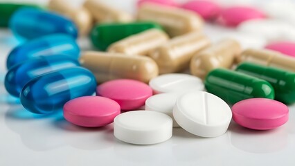 Colorful assorted pills tablets and capsules on a white surface