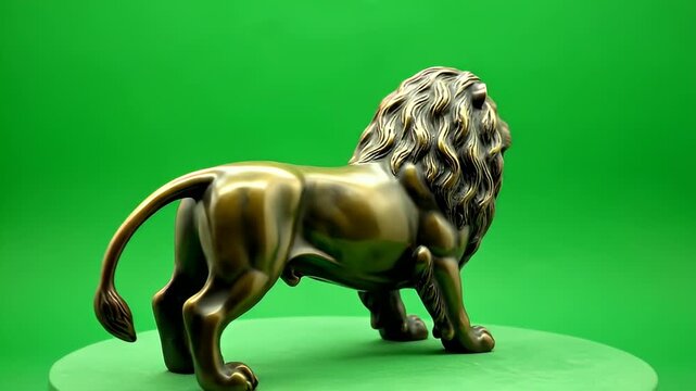 Golden Lion Sculpture Displayed Against Green Background.