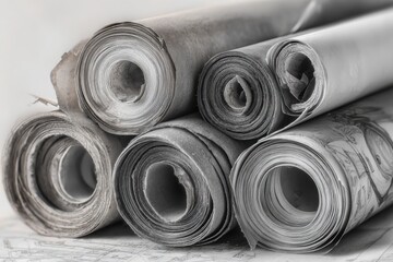 Rolled sheets of old drawings and blueprints stacked on a table ready for study and restoration in a vintage design studio