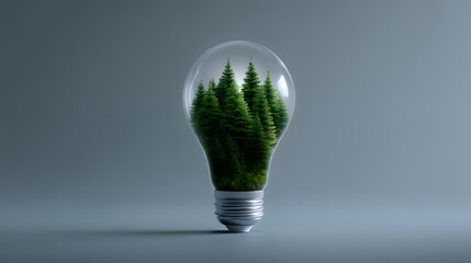Eco-Innovation: A radiant light bulb encapsulates a thriving forest ecosystem. It symbolizes the concept of sustainable ideas and environmental consciousness. 