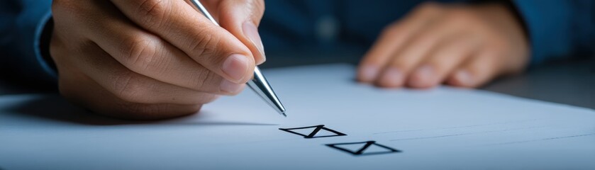 A hand holding a pen checks off items on a paper checklist, emphasizing organization and task completion, Year-End review with blank space for text