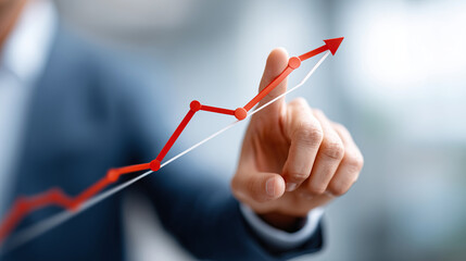 businessman touching growth graph arrow line going up with business plan or market analysis on virtual screen, rising and growing concept of large "monstrous" figures. business suc