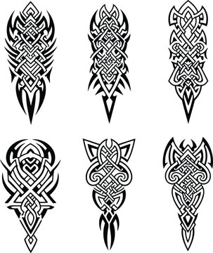 Set of tribal tattoo designs with black celtic knot patterns and sharp ornamental elements for arm or leg sleeve artwork isolated on white background for vector design.