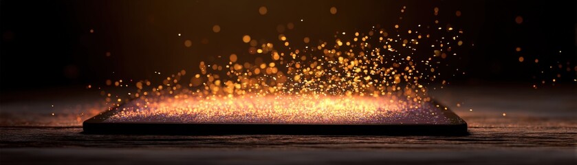 Naklejka premium The image showcases a glowing surface emitting vibrant sparks and particles, a mesmerizing visual effect against a dark backdrop, Year-End review with blank space for text
