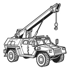 Black and white of military vehicle with crane and hook © mukul