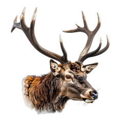 A majestic red deer stag head portrait featuring impressive antlers set against a deep black background.