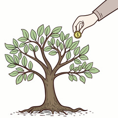 Obraz premium Hand placing coin into growing tree on white background