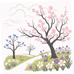 Blooming orchard trees with flowers and grass blossom