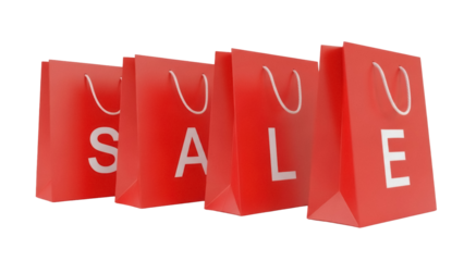 Red shopping bags spelling SALE isolated PNG on transparent background, retail promotion concept for marketing and advertising