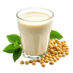 A glass of creamy soy milk displayed with fresh soybeans and green leaves on a black background.