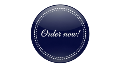 Dark blue round badge with dotted border isolated PNG on transparent background, order now button for online shopping and promotion