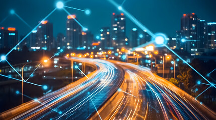 City highway at night with traffic lights and network connections, illustrating smart