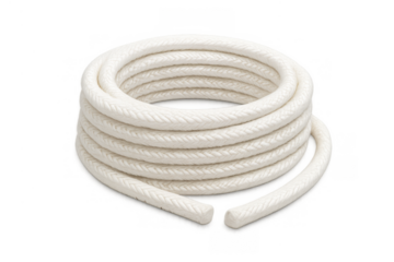 Coiled white rope with braided texture on transparent background, a durable cotton cord for various uses