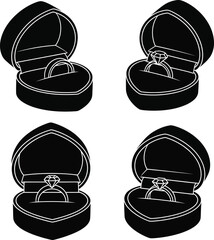 Elegant Black Icons: Diamond and Wedding Rings in Open Proposal Gift Boxes