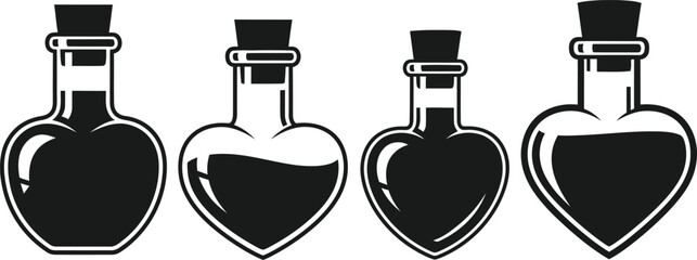 Minimalist Heart Shaped Potion Bottles with Cork Stoppers - Love Elixir Vector Icons Set