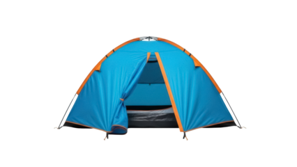 Blue and orange camping tent PNG isolated on transparent background, outdoor shelter for adventure and recreational activities