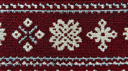 Cross-stitch embroidery Christmas background with cozy stitched pixel-like pattern on deep red fabric and soft white decorative holiday motifs, visible cross-thread texture, handcrafted look