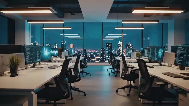 Modern corporate office space with multiple workstations and city view at night