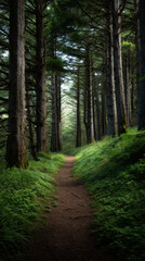 Fototapeta premium A narrow dirt trail winds peacefully through a lush green forest with tall trees stretching toward the sky, creating a tranquil and inviting natural scene.