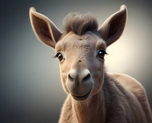 Obraz premium portrait of cute donkey- pony foal posing against grey gradient background. close up. Ai generated