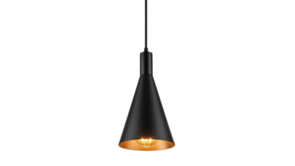 Modern black pendant light fixture isolated PNG, stylish hanging lamp with golden interior for contemporary home decor and lighting design