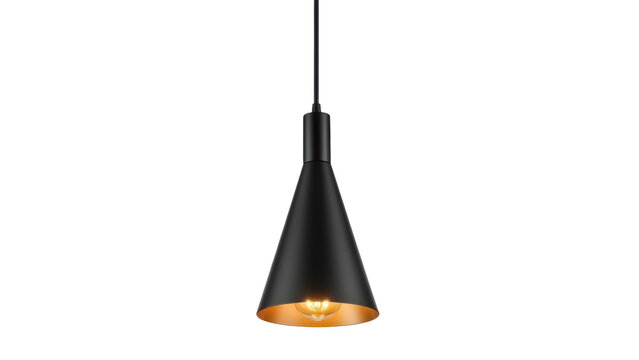 Modern black pendant light fixture isolated PNG, stylish hanging lamp with golden interior for contemporary home decor and lighting design