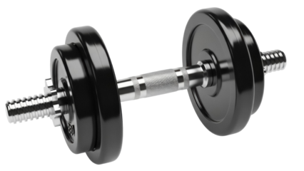 Black dumbbell isolated PNG on transparent background, fitness equipment for strength training and bodybuilding exercises