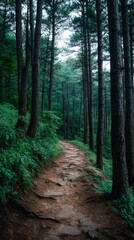 Fototapeta premium A winding dirt path beckons through a dense forest filled with tall pine trees, creating a tranquil scene of nature's beauty and inviting exploration.