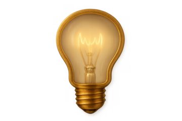 Glowing golden light bulb symbolizing innovation, inspiration, and bright new ideas on transparent background