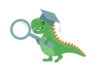 A cute dinosaur student wearing a scientist s cap and a bonnet is holding a magnifying glass in his paws. Vector flat illustration