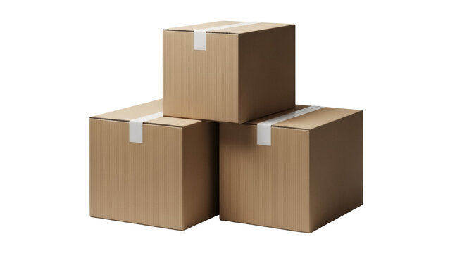 Stack of three cardboard boxes isolated PNG, brown packing containers for shipping and storage on transparent background