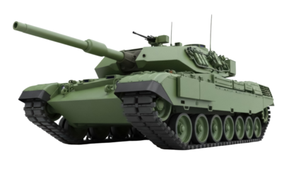 Green military tank PNG isolated on transparent background, modern army vehicle for war games and defense concepts