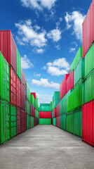 Fototapeta premium Rows of colorful shipping containers stacked high under a bright blue sky create a vibrant and organized scene in the distribution yard for global commerce.