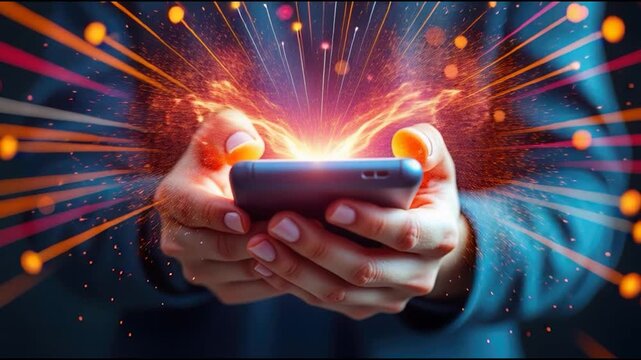 Mobile phone hand with glowing light and neon sparks, energy burst and technology vibe creative smartphone hand glow, bokeh light spark and digital connection glow smartphone hand, bokeh neon burst