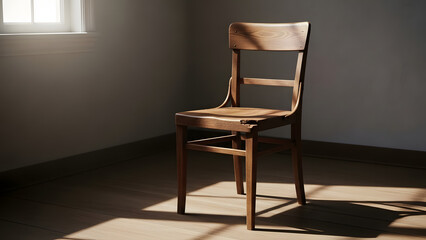Obraz premium A solitary wooden chair bathed in warm sunlight, casting long shadows on the floor of a quiet room, evoking a sense of calm contemplation and peaceful solitude