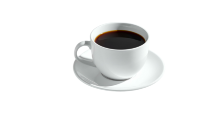White coffee cup and saucer holding dark liquid, casting a shadow on a black background