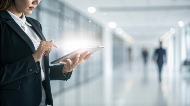 Business technology tablet office professional woman touchscreen digital corporate hallway workflow innovation glow modern strategy focus as energy flows bright corridor with touchscreen digital